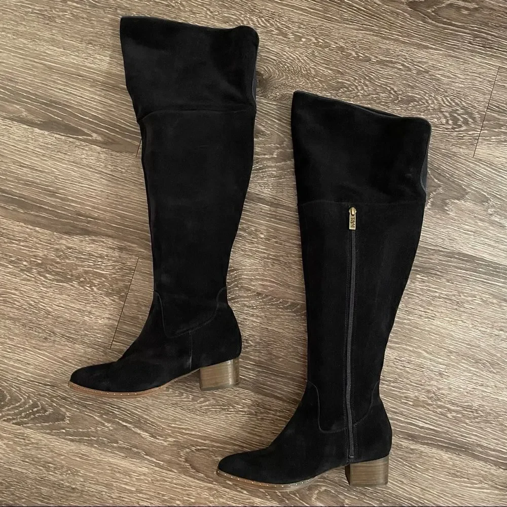 Ted & Muffy navy suede over the knee pointed toe boots